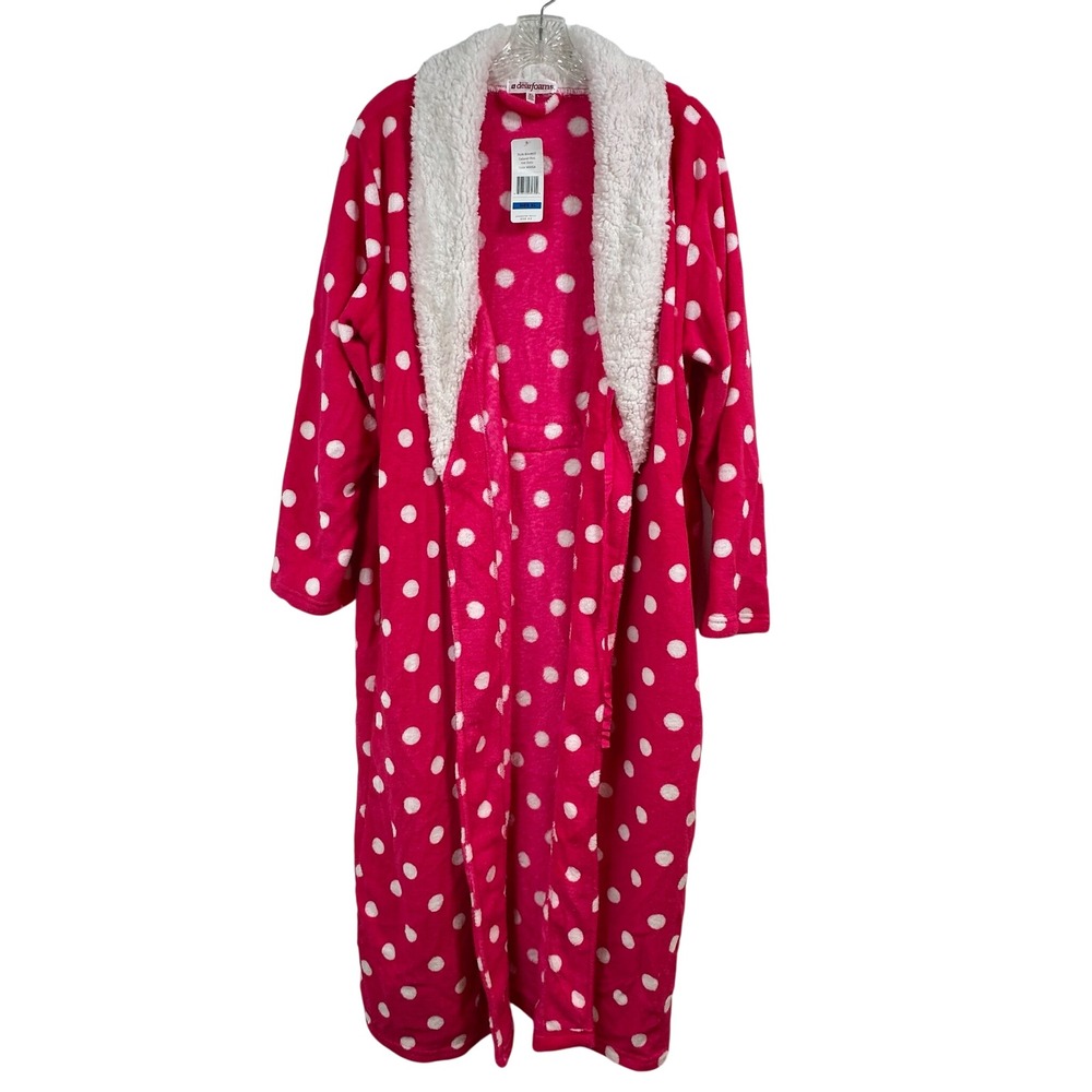 Dearfoams Womens XL Pink Polka Dot Sherpa Collar Fleece Robe 144803 NWT